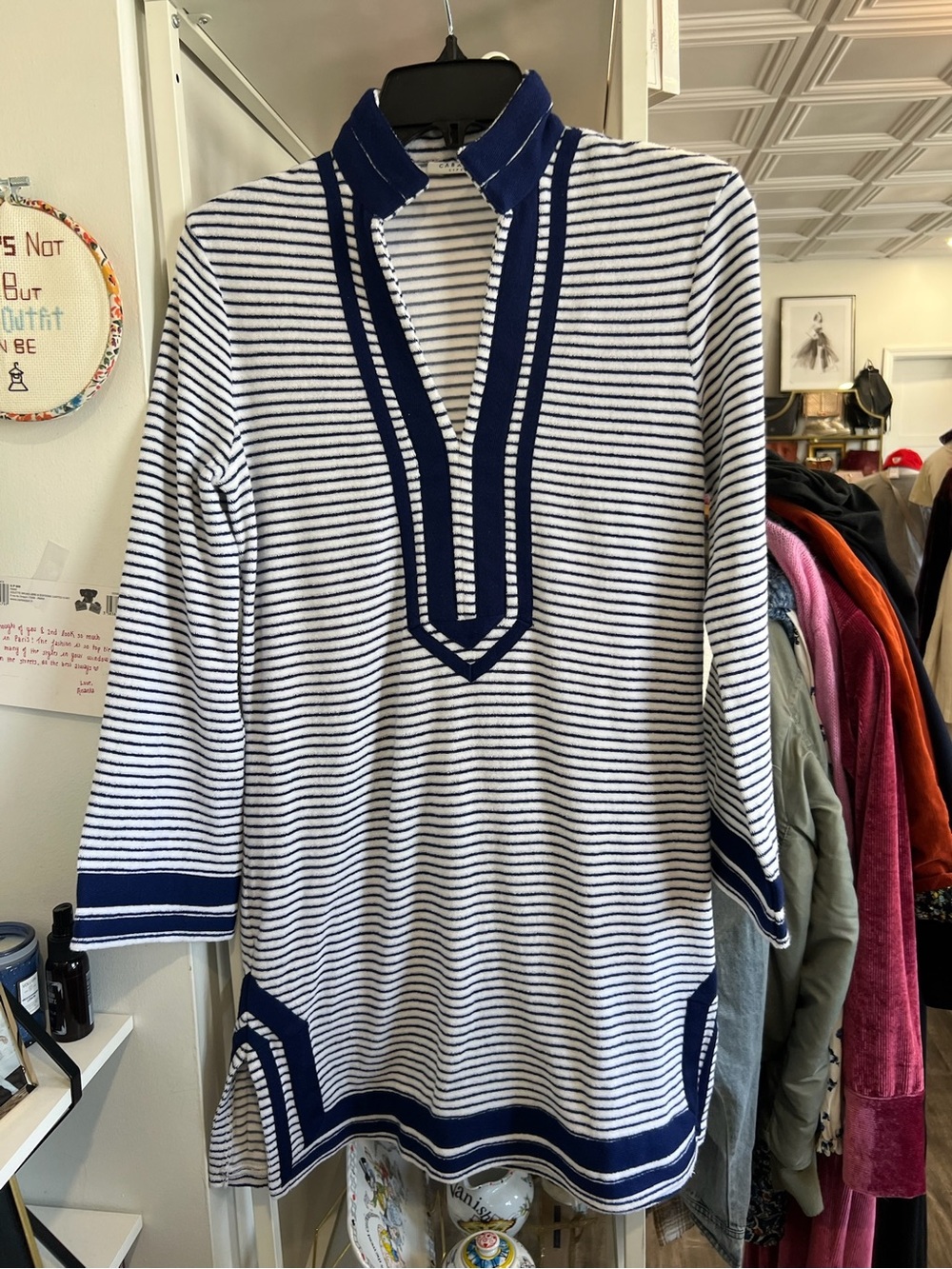 Cabana Life Navy and White Striped towel fabric Tunic with Contrast Trim